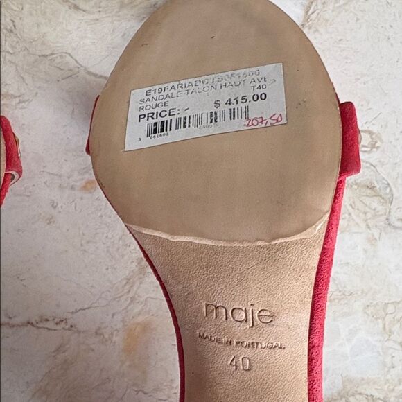 Maje Faria Red Suede Studded Chunky Heel Ankle Strap Sandals - Picture 13 of 14